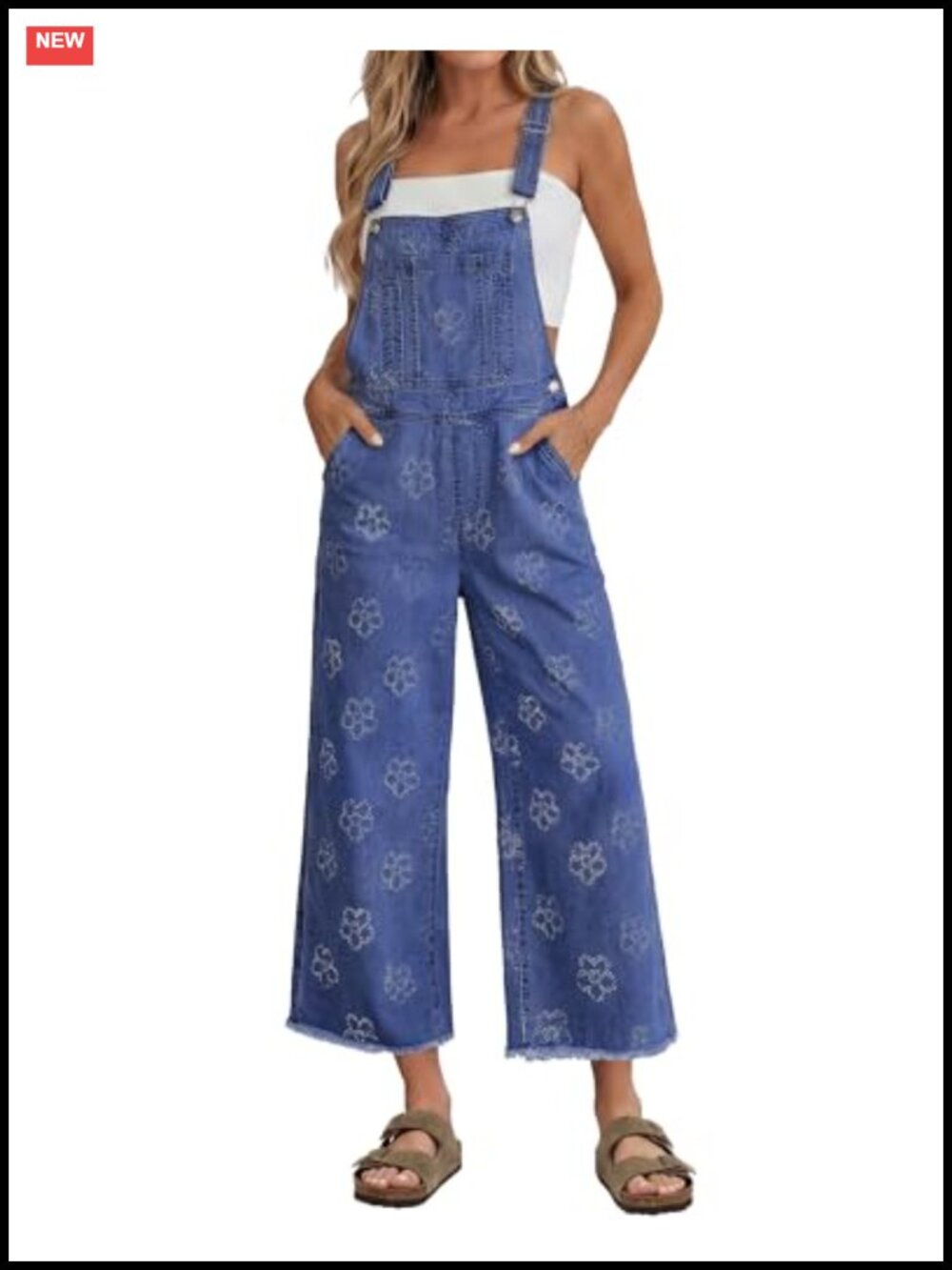 Women's Wide Leg Capri Denim Overalls Floral Embroidered Raw Hem